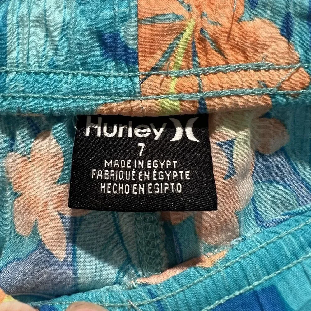 Hurley Boys swim Trunks, Blue With Teal Foliage And Orange‎ Florals, Size 7